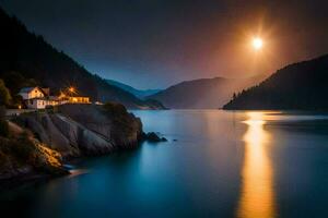 une maison sur le rive de une Lac à nuit. généré par ai photo