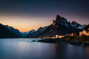 le montagnes et Lac à crépuscule dans Norvège. généré par ai photo