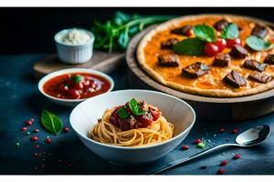 spaghetti et Pizza sur une foncé tableau. généré par ai photo