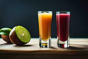 deux des lunettes de jus avec citron vert et Orange tranches. généré par ai photo