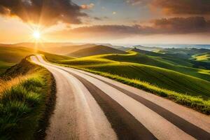 le route à le le coucher du soleil. généré par ai photo