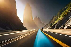 une voiture conduite sur une Autoroute avec le Soleil brillant. généré par ai photo