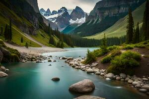 une rivière court par une Montagne vallée avec rochers et des arbres. généré par ai photo