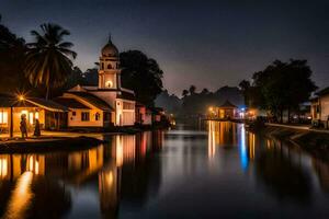 une église et une mosquée dans le milieu de une rivière. généré par ai photo