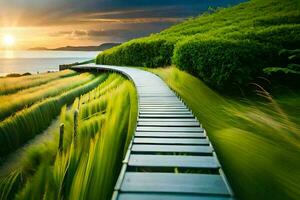 une en bois passerelle pistes à le océan à le coucher du soleil. généré par ai photo