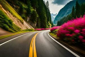 une route avec rose fleurs dans le montagnes. généré par ai photo