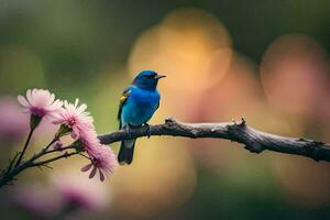 une bleu oiseau est assis sur une branche avec rose fleurs. généré par ai photo