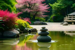 une Japonais jardin avec une étang et rochers. généré par ai photo