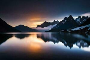 le montagnes sont réfléchi dans le l'eau à le coucher du soleil. généré par ai photo