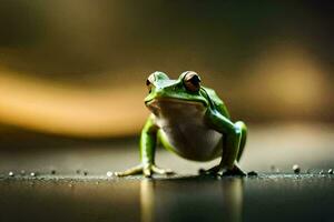 une grenouille séance sur le sol avec l'eau gouttelettes. généré par ai photo