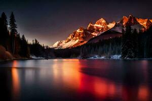 le montagnes sont réfléchi dans le l'eau à le coucher du soleil. généré par ai photo