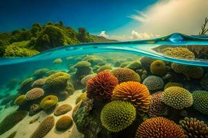 une corail récif et l'eau surface avec une Soleil et des nuages. généré par ai photo