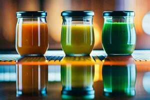 Trois verre pots avec différent coloré jus. généré par ai photo