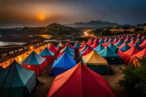 coloré tentes sont ensemble en haut sur le plage à nuit. généré par ai photo