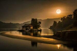 une maison sur le l'eau à le coucher du soleil. généré par ai photo