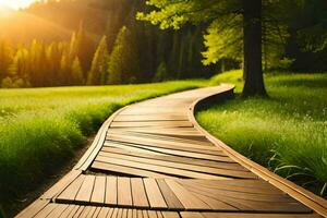 une en bois chemin pistes à le Soleil dans le milieu de une herbeux champ. généré par ai photo