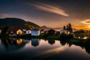 photo fond d'écran le ciel, eau, montagnes, lac, Maisons, coucher de soleil, le soleil, le. généré par ai