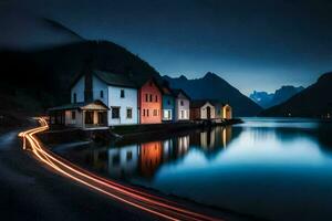 photo fond d'écran le ciel, montagnes, Maisons, le mer, le eau, le montagnes, le. généré par ai