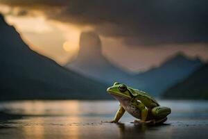 une grenouille séance sur le bord de une Lac à le coucher du soleil. généré par ai photo