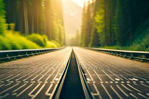 une train Piste dans le les bois avec le Soleil brillant. généré par ai photo