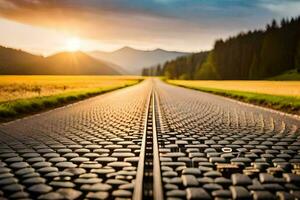 une route avec une pierre chemin dans le milieu de une champ. généré par ai photo