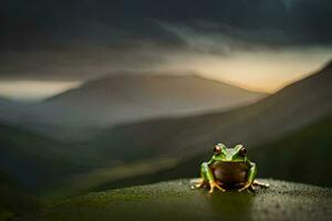 une grenouille est assis sur une Roche dans de face de une Montagne. généré par ai photo