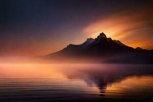 une Montagne intervalle est réfléchi dans le l'eau à le coucher du soleil. généré par ai photo