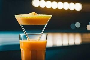 une verre de Orange jus avec une tranche de Orange sur Haut. généré par ai photo