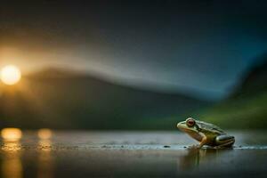 une grenouille séance sur le sol à le coucher du soleil. généré par ai photo