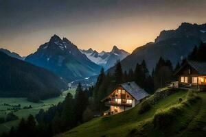 le maison est allumé en haut à le coucher du soleil dans le montagnes. généré par ai photo