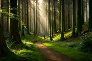 une chemin par le les bois avec lumière du soleil brillant par le des arbres. généré par ai photo