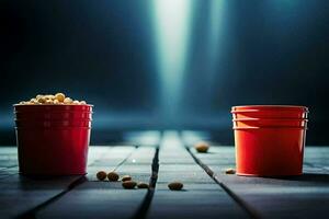 deux rouge tasses séance sur une en bois tableau. généré par ai photo