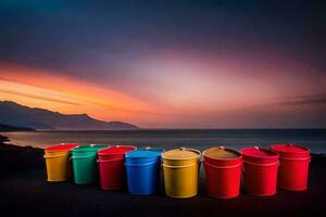 coloré poubelle canettes dans de face de le océan à le coucher du soleil. généré par ai photo