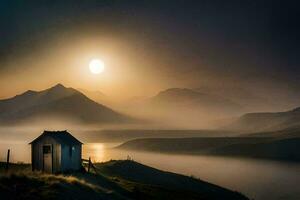 une petit cabane est assis sur le bord de une Montagne avec une brumeux ciel. généré par ai photo