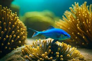 une bleu poisson est permanent sur Haut de un anémone. généré par ai photo