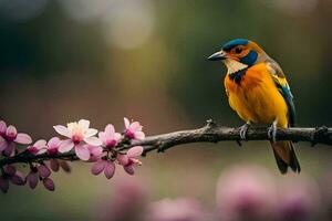 une coloré oiseau est assis sur une branche avec rose fleurs. généré par ai photo