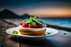 le dessert est servi sur une assiette avec une vue de le mer. généré par ai photo