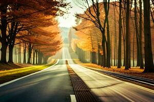 un vide route dans le milieu de un l'automne forêt. généré par ai photo