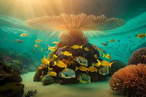 une corail récif avec poisson et un parapluie. généré par ai photo