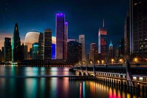 une ville horizon à nuit avec lumières reflétant de le l'eau. généré par ai photo