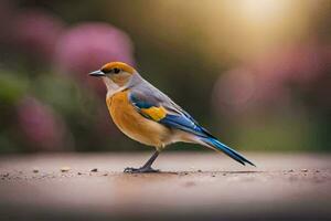 une petit oiseau avec une bleu et Jaune diriger. généré par ai photo