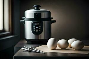 un électrique pression cuisinier avec des œufs sur une Coupe planche. généré par ai photo