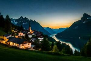 une petit village dans le montagnes à le coucher du soleil. généré par ai photo