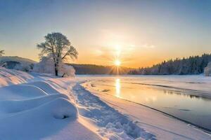 photo fond d'écran le ciel, neige, des arbres, rivière, soleil, hiver, le hiver, le. généré par ai