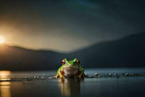 une grenouille séance sur le rive à le coucher du soleil. généré par ai photo