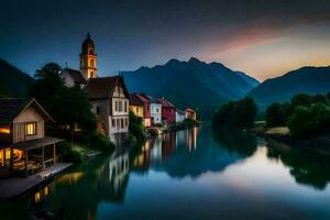 photo fond d'écran le ciel, montagnes, rivière, Maisons, coucher de soleil, le village, le rivière,. généré par ai