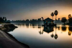 une petit maison est assis sur le rive de une Lac à le coucher du soleil. généré par ai photo