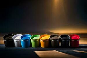 une rangée de coloré Plastique tasses sur une foncé surface. généré par ai photo