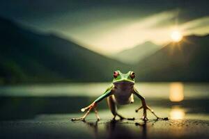 une grenouille permanent sur le bord de une Lac avec le Soleil réglage derrière il. généré par ai photo