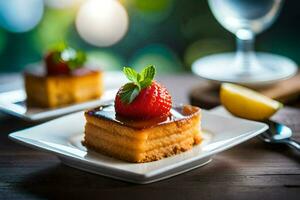 deux petit carrés de gâteau avec des fraises sur Haut. généré par ai photo